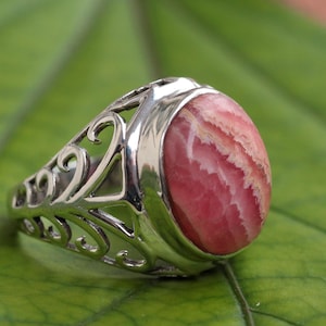 Anillo de rodocrosita hecho a mano: joyería de plata de ley con piedras preciosas