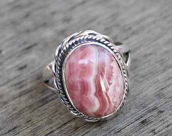 Rhodochrosite Ring, sterling silver Jewelry, gift for her, Natural Rhodochrosite, Crystal gemstone, Handmade ring, Spiral Design Stack rings