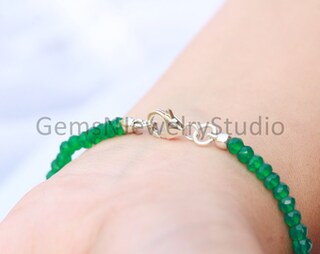Bracciale Onice Verde Sfaccettato In Argento 925, Perline Di Pietra Naturale Fatto A Mano, Regalo Per Lei 22 Cm
