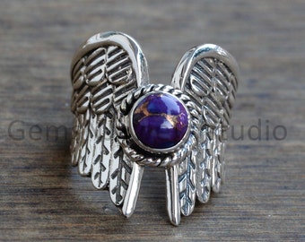 Ängelvingar i sterlingsilver: Lila turkos ädelsten, gravyralternativ