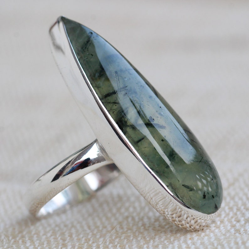 Rutilated Prehnite ring, Sterling silver Jewelry, Natural Green rutilated prehnite, Statement ring image 8