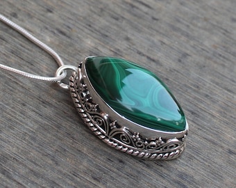 Malachite Pendants, Sterling Silver Jewelry, Gift For Her, Natural Green Malachite healing Gemstone, handmade Necklace, Statement Jewelry