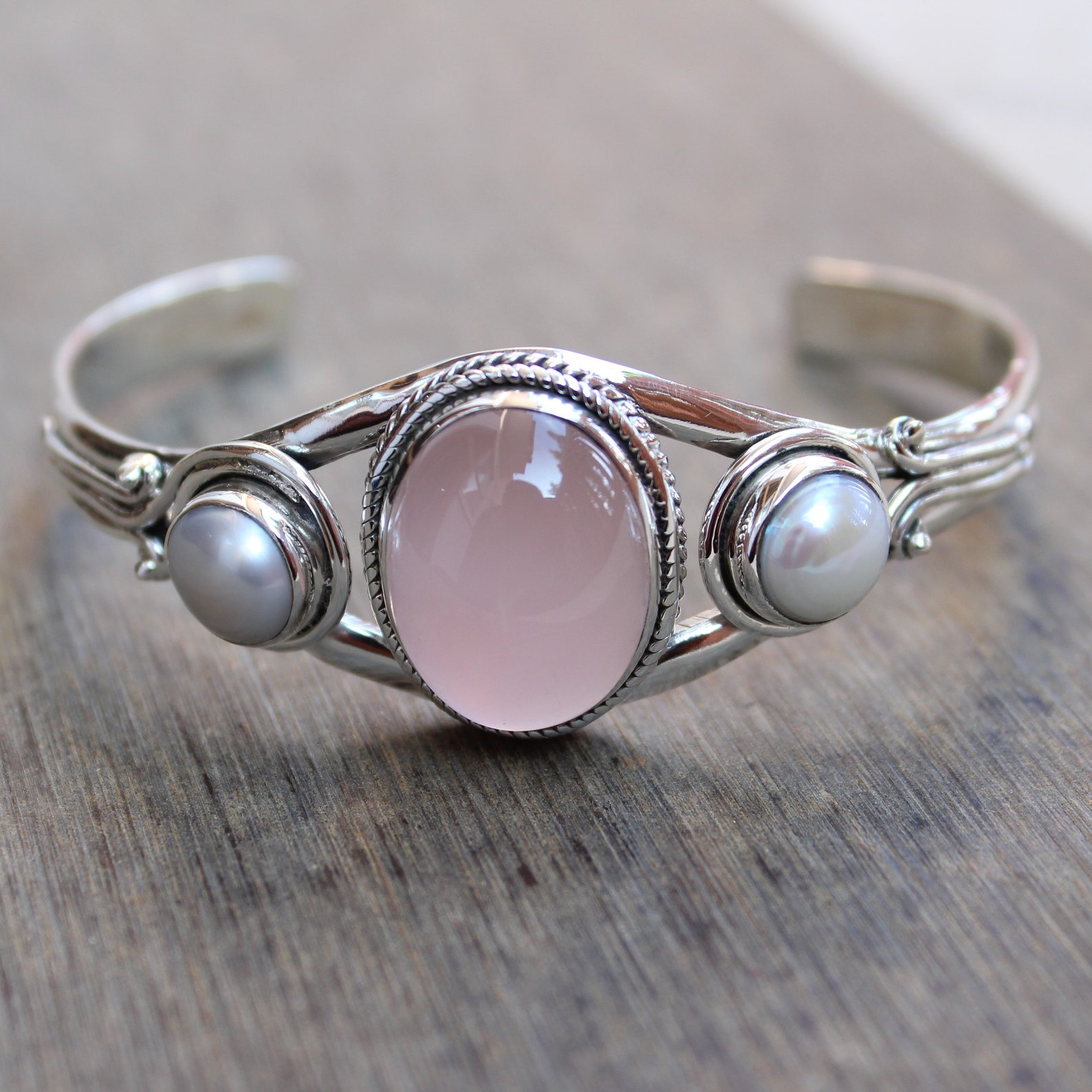 Edi Gold Cuff Bracelet in Rose Quartz main image 1