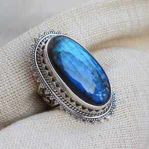 Labradorite Ring, Statement Jewelry, Natural Blue Flash Labradorite Rings, Sterling silver rings, Gift for her, Anniversary Gift, boho rings