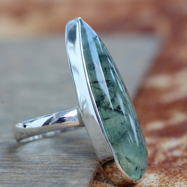 Rutilated Prehnite ring, Sterling silver Jewelry, Natural Green rutilated prehnite, Statement ring image 4