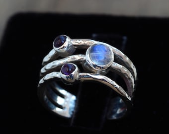 Rainbow Moonstone amethyst ring, Sterling Silver Hammered jewelry, Rainbow Moonstone and Amethyst multi stone ring, Stack Ring, Boho Rings