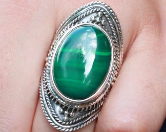 Handmade Sterling Silver Malachite Ring: Oval Gemstone Statement Jewelry