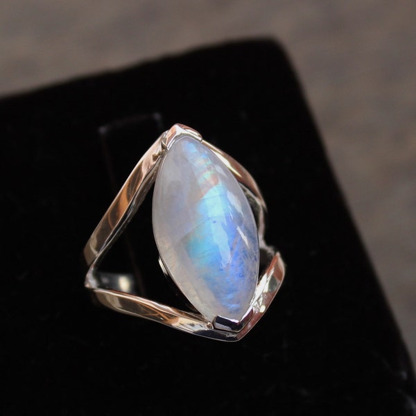 Bague en pierre de lune arc-en-ciel Bijoux en argent sterling, pierre de lune flash naturelle colorée, cadeau pour elle, Bagues de déclaration, cadeau d’anniversaire, bague boho