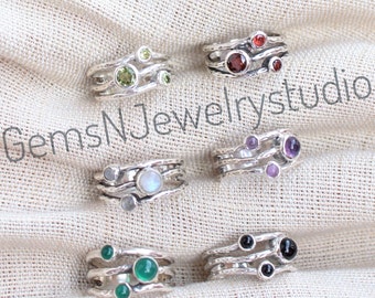 Multi Gemtones rings, Sterling Silver Hammered jewelry, Rainbow Moonstone, Black Onyx, Garnet, Amethyst, Peridot, Green onyx, Stackable Ring