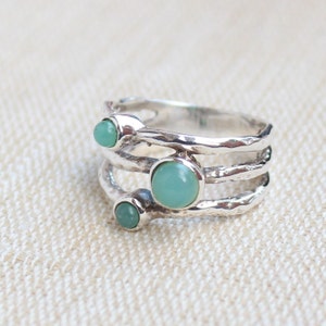 Aqua Chalcedony ring, sterling silver Jewelry, gift for her, Hammered Design, Christmas jewelry, anniversary Gift, Multistone Rings Jewelry