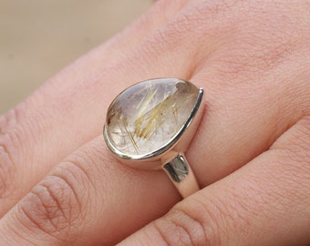 Golden rutile ring, 925 sterling silver rings, Statement ring, Natural healing Rutilated Quartz Jewelry, cocktail ring, gift for her