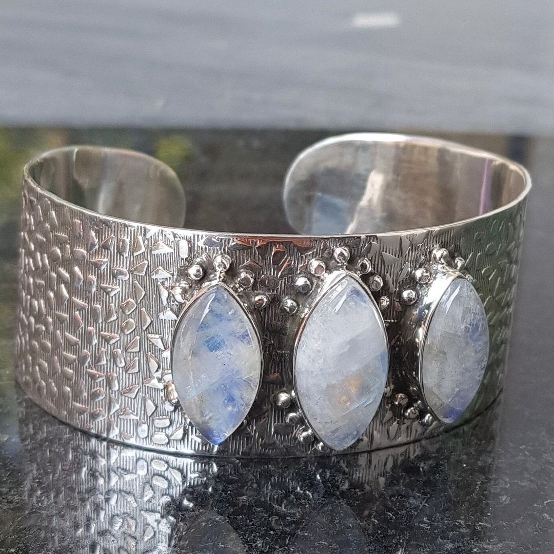 Rainbow Moonstone Cuff Bangle Bracelet, Natural Blue Flash Gemstone