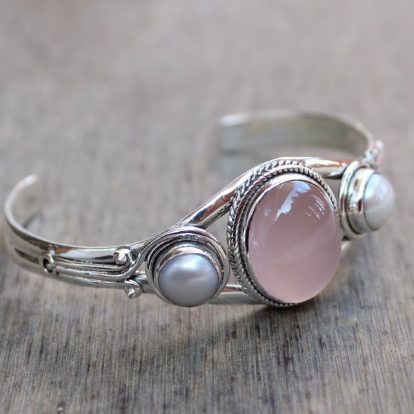 Pulsera de cuarzo rosa, piedras preciosas naturales de cuarzo rosa, joyas delicadas, pulseras tipo brazalete, plata esterlina hecha a mano, brazalete boho