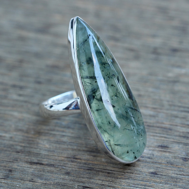 Rutilated Prehnite ring, Sterling silver Jewelry, Natural Green rutilated prehnite, Statement ring image 7
