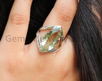Green Amethyst Sterling Silver Ring - Customizable Boho Jewelry