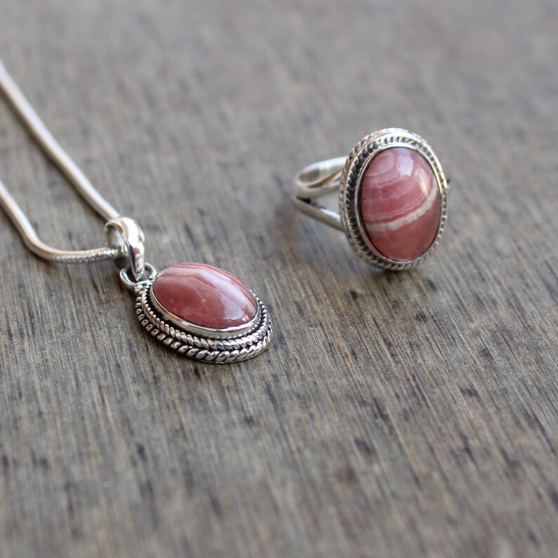 Rhodochrosite Jewelry Set Ring Pendant Combo Sterling Silver Etsy