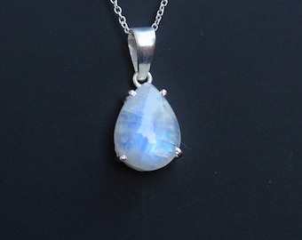 Rainbow Moonstone Sterling Silver pendant, blue flash natural moonstone jewelry, gift for her, Thanksgiving gift idea, Christmas Jewelry