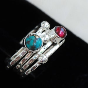 Garnet and Mohave Turquoise Sterling Silver Ring Set