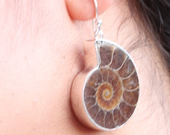 Handmade Sterling Silver Ammonite Earrings: Natural Fossil Dangle Jewelry