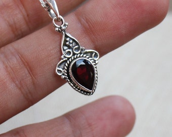 Garnet Pendant, Sterling Silver necklace, Natural Red Almandine Garnet, Gift for her, Christmas Jewelry, anniversary gift, Thanksgiving gift