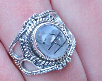 Anillo de cuarzo rutilado negro: joyería bohemia de plata de ley