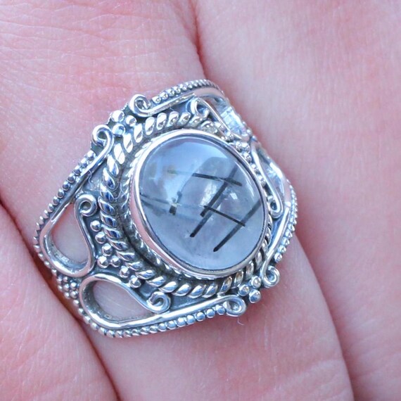 Bague en quartz rutilé noir naturel, bagues tendance, cadeau pour