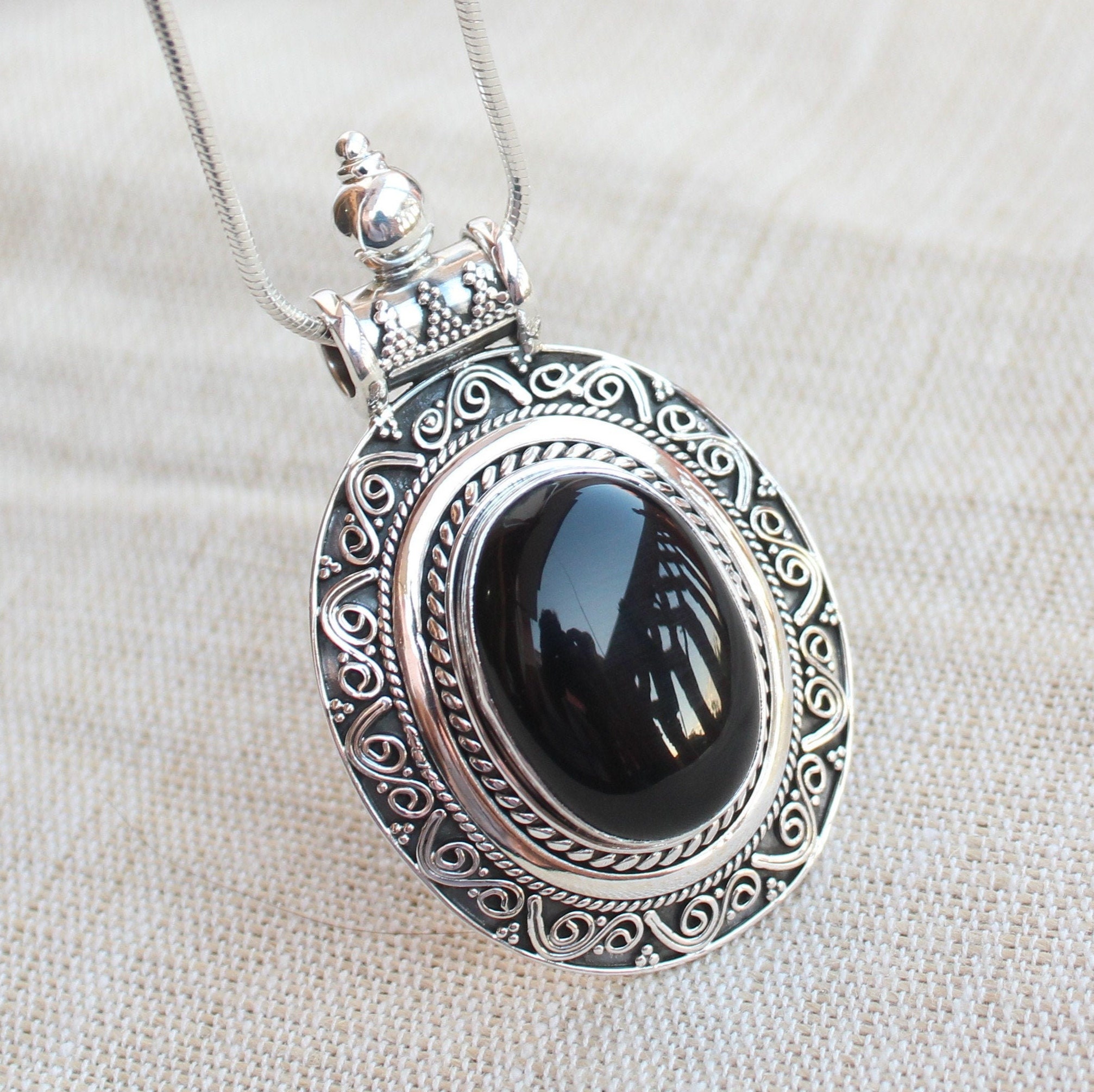 Boho Chic Black Necklace with Triple Silver Pendant, Jewelry, Black