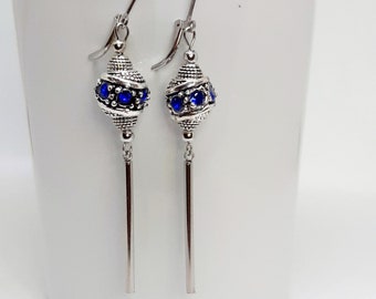 Metal pearl and midnight blue rhinestone earrings