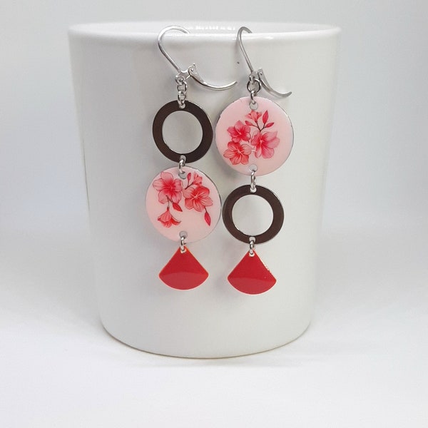 Boucles d'oreilles pendentifs faits main "hibiscus roses"