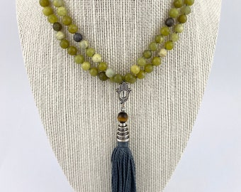 Green /& Rainbow All Seven 7 Chakras 108 Mala Kundalini Necklace Gift Serpentine Kundalini Chakra Mala Beads Necklace with Cotton Tassel