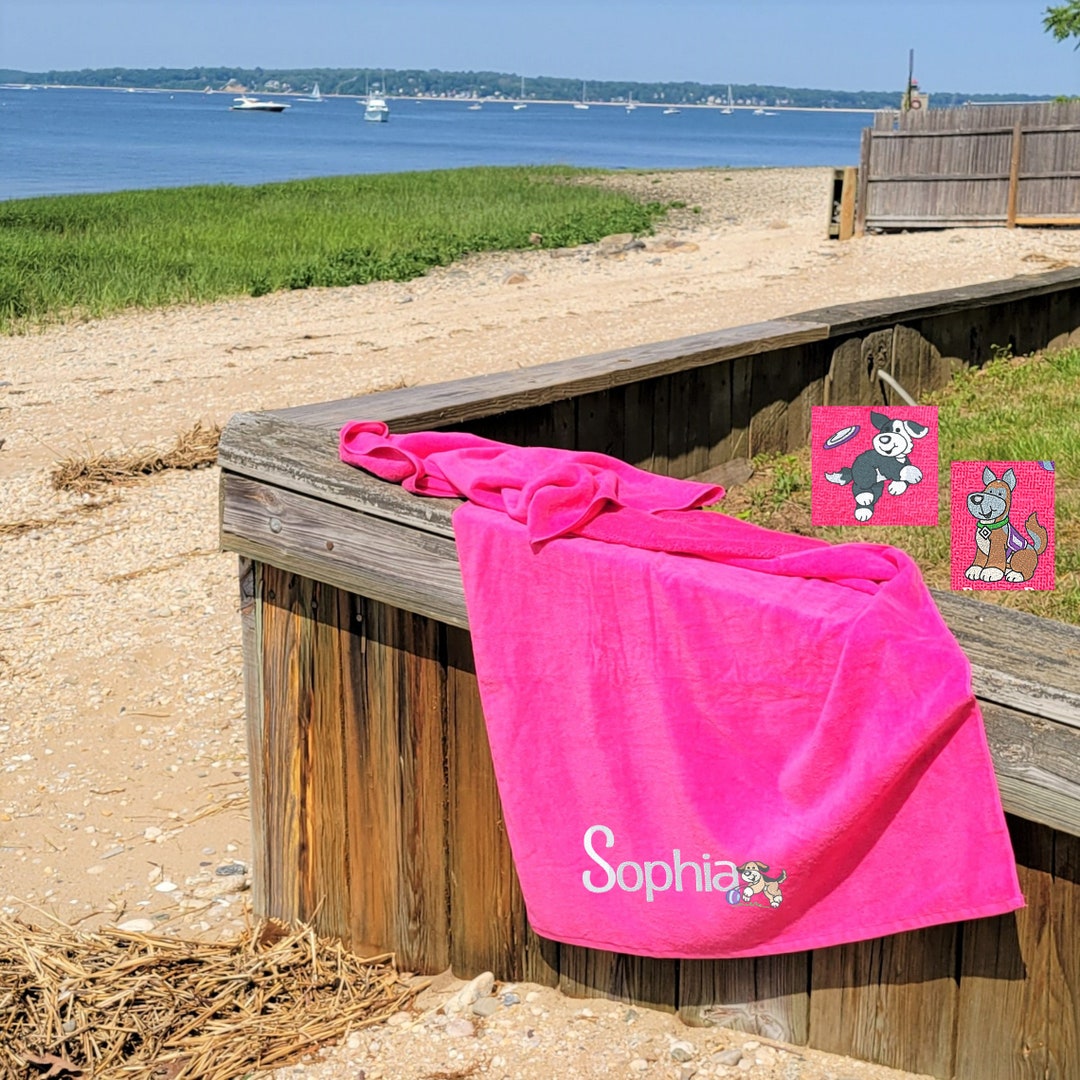 Personalized Embroidered Beach Towel Bright Pink Custom Beach Etsy