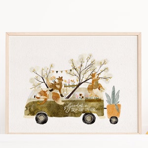 Poster | Gärtnerei  Bus Bulli Camper Van  | A4 A3 | Bär Oldtimer Kinderbild Kinderzimmer Kinderposter Kinder Mädchen Junge Waldtiere