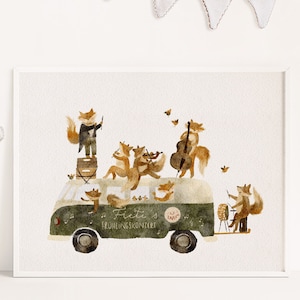 Poster | Konzert Musik  Bus Bulli Camper Van  | A4 A3 | Bär Oldtimer Kinderbild Kinderposter Kinder Kinderzimmer Mädchen Junge Waldtiere