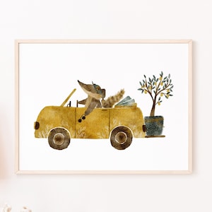 Poster | Cabrio Nasenbär Nils | A4 A3 | Waldtiere Kinderzimmer Bilder Kinderposter Kinder Mädchen Junge Baby Geburt Geburtstag Geschenk