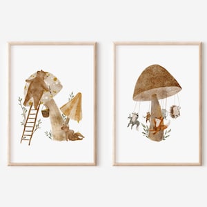 Poster-Set | FliegenpilzBär & PilzKarussel | Poster Kinderzimmer Wandbild Waldtiere Kinderposter Baby Mädchen Junge Baby Geschenk Babyzimmer