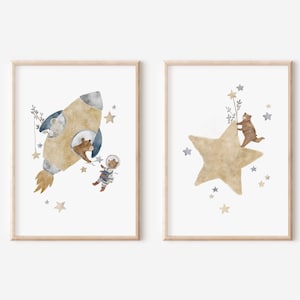 Poster-Set | RaketenBär & SternenBär | Poster Kinderzimmer Kinderposter Kinderbild Waldtiere Stern Mond Weltraum Bär Mädchen Junge Rakete