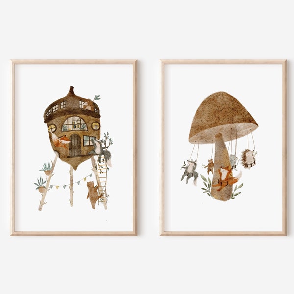 Poster-Set | Eichelhaus & PilzKarussel | Poster Kinderzimmer Waldtiere Kinderposter Fuchs Baby Mädchen Junge Baby Geburt Geschenk Babyzimmer