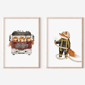 Poster-Set | FeuerwehrFüchse | Kinderzimmer Kinderposter Kinderbild Waldtiere Feuerwehr Fahrzeuge Auto Print Poster Tierposter Geburtstag