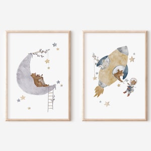 Poster-Set | MondBär & RaketenBär | Poster Kinderzimmer Kinderposter Kinderbild Waldtiere Stern Mond Weltraum Bär Mädchen Junge Baby