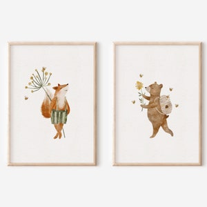 Poster-Set | Fuchs Fiete und der BienenBär Bärbel | Poster Kinderzimmer Waldtiere Bienen Blumen Fuchs Bär Mädchen Junge Baby Geburtstag