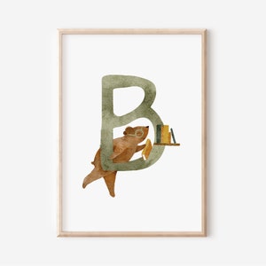 Buchstaben Poster | Buchstabe B - Bär Bücherwurm mit Brille | A4 A3 | Name Kinderbild Geschenk Geburt Baby Kita Kinderposter Spielzimmer