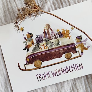 Postkarte | Frohe Weihnachten | WeihnachtsBus Bulli Oldtimer | Karte A6 | Weihnachtskarte | Bär Waldtiere Tannenbaum | Frohes Fest