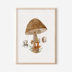 Poster Kinderbild | Pilzkarussell  | A4 A3 | Waldtiere Fuchs Bär Bilder Nursery Kinderposter Kinder Mädchen Junge Baby Geburt Geburtstag