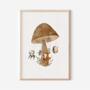 Poster Children's picture | Mushroom carousel | A4 A3 | Forest Animals Fox Bear Pictures Nursery Children's Poster Children Girl Boy Baby Birth Birthday