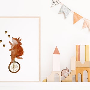 Poster Kinderbild | Eichhörnchen Eddie auf dem Einrad  | A4 A3 | Waldtiere Eichhörnchen Einrad Kita Print Kinderposter Kinder Spielzimmer