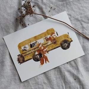Postkarte | Waldtier Bus | Karte A6 | Kinder Karte | Bär Fuchs Maus Dachs | Waldtiere | Kindergeburtstag Einschulung | Schulbus | Geschenk