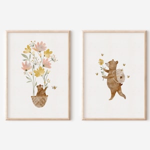 Poster-Set | BlumenBär & BienenBär | Poster Kinderzimmer Wandbild Waldtiere Bienen Blumen Fuchs Bär Mädchen Junge Baby Geburtstag