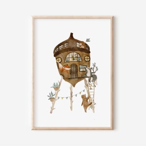 Poster Kinderbild | Waldtiere im Eichelhaus | Fuchs Bär Dachs Igel | Kinderzimmer Bild Poster Waldtiere Tiere Print Geschenk Kinder Wandbild