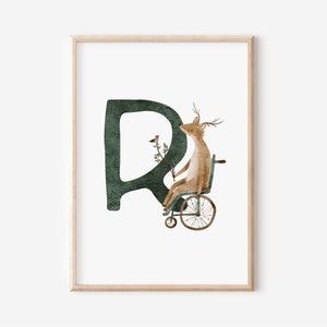 Buchstaben Poster | Buchstabe R - Reh im Rollstuhl | A4 A3 | Namensbild Kinderbild Geschenk Geburt Baby Kita Kinderposter Spielzimmer