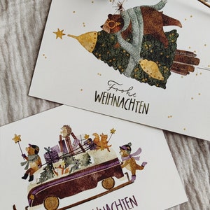 Postkarten-Set | Weinachtskarte| Karte A6 | Kinder Karte | Familie | Bus Bulli Oldtimer | Waldtiere | Weihnachten | Geschenk | Grußkarte